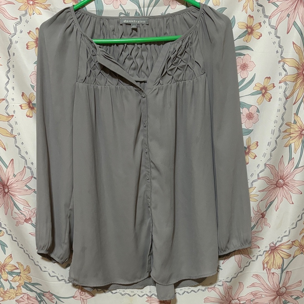 Daniel rainn Gray Blouse with Smocked Detail